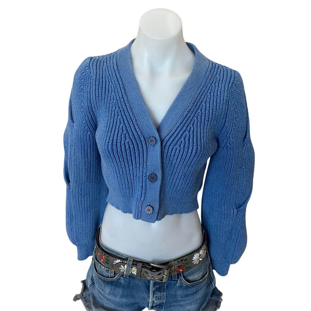 Derek Lam Blue Cropped Cardigan SMALL Cotton Sweater Twisted Sleeve Chunky $450 - Picture 8 of 12